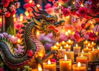 Fototapeta premium Vibrant Chinese New Year Dragon & Lantern Festive Decoration with Flowers and Candles