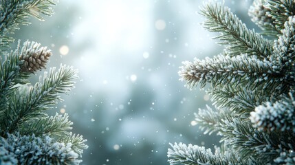 Snowy Winter Scene with Pine Trees and Soft Falling Snowflakes