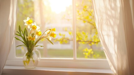 Sunlit vase of daffodils on a windowsill with gentle curtains and blossoming spring garden capturing the spirit of spring equinox day