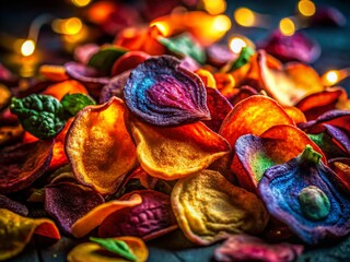 Vibrant Colorful Vegetable Chips Night Photography Stock Photo