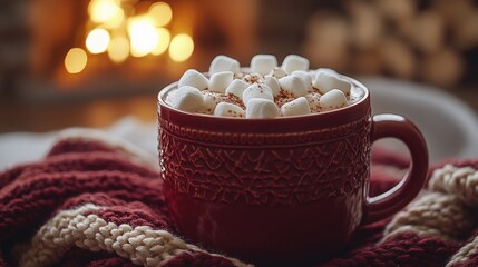 Warm Cocoa with Marshmallows Beside Cozy Fireplace Setting