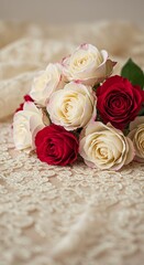 Elegant bouquet of red and white roses on delicate lace fabric