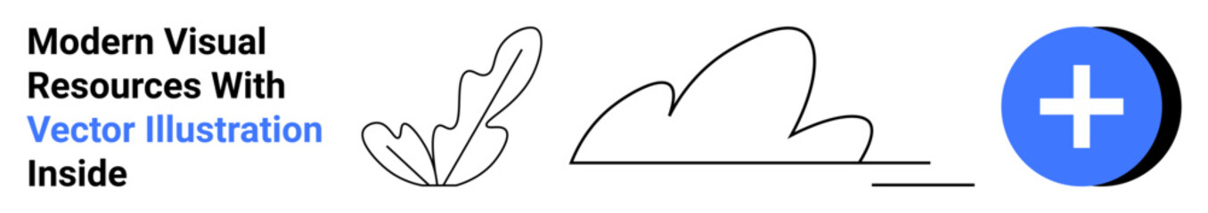 Single-line leaf and cloud art paired with a bold blue circle and plus symbol. Ideal for nature, creativity, simplicity, innovation, minimalism, modern design, flat landing page banner