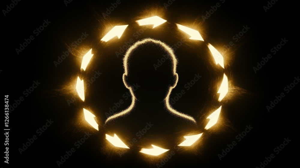 Poster a dynamic 2d animation featuring an unknown person icon surrounded by arrows, perfect for profile pi