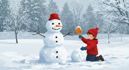 Obraz premium Joyful winter day: child building snowman in scenic snowy landscape with red accents