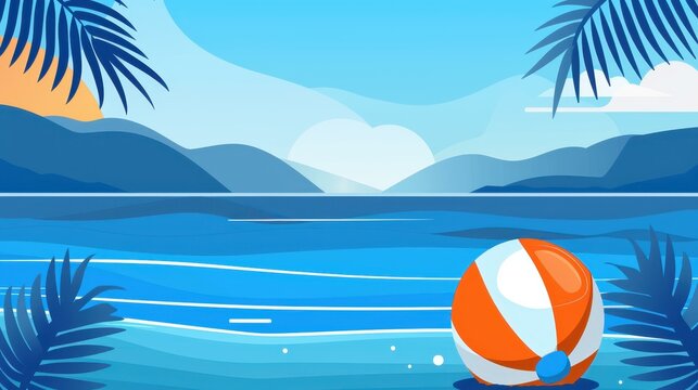 Celebrate the season with a vibrant summer pool party poster, featuring lush palm leaves and a playful beach ball against a blue backdrop