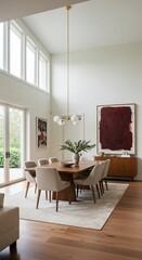 Fototapeta premium Modern dining room with mid-century decor and large windows for natural light