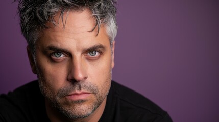 Fototapeta premium Striking portrait of a distinguished greyhaired man against a rich purple backdrop, exuding wisdom and charm.