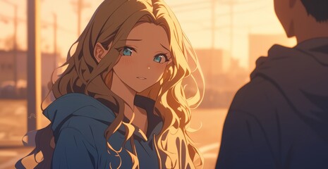 Beautiful Girl with Long Golden Hair in Blue Outfit Standing Next to Handsome Guy in Gray Hoodie on City Street