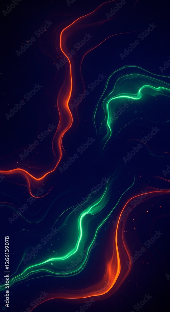Poster neon abstract background with flowing red and green light waves on dark canvas