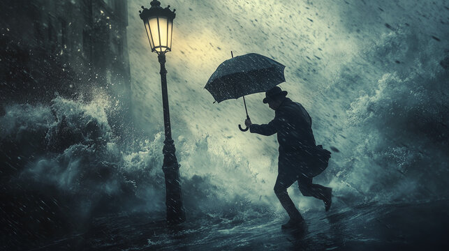 A man being blown away by a strong storm, holding onto a bent lamppost while gripping a broken umbrella, with heavy winds and rain sweeping through the scene