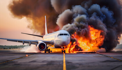 The plane caught fire seriously. There was a strong fire and smoke as the plane moved slowly on the runway.