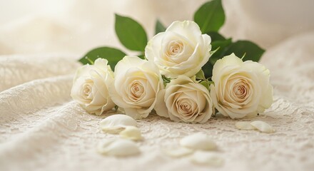 Elegant arrangement of white roses with petals on lace fabric background