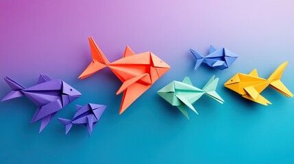 Colorful origami fish on a gradient background symbolizing playful creativity for april fool's day concept