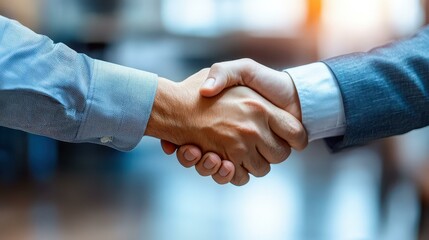 A sleek modern office scene captures a professional handshake, highlighting partnership and mutual agreement.
