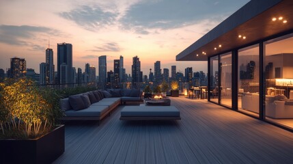 Obraz premium Luxury Penthouse Rooftop with City Skyline at Sunset