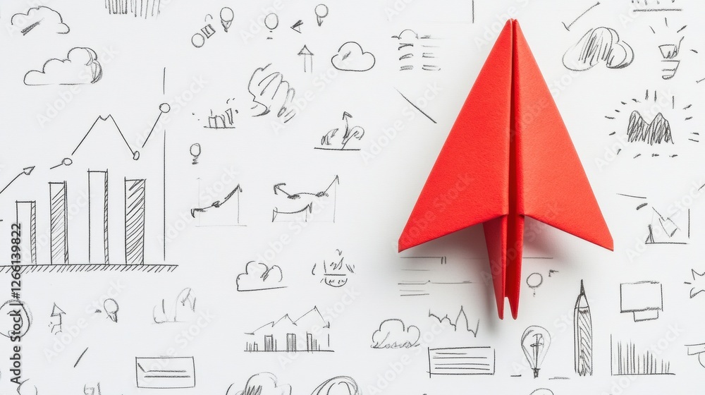 Fototapete red paper plane representing innovative business strategies on a white background for success in var