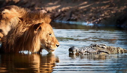 A male lion comes face to face with an adult crocodile while drinking water in the river