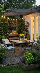 Fototapeta premium Cozy backyard patio with string lights and outdoor dining area surrounded by lush greenery