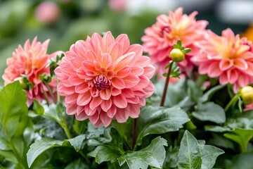 Pink dahlias blooming, garden closeup, blurred background, floral design