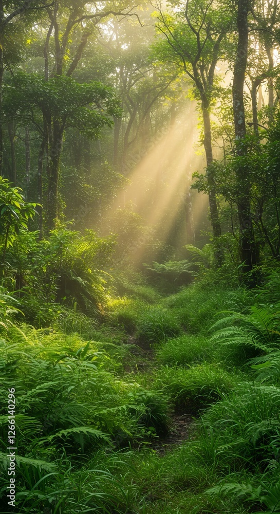 Aufkleber sunrays filtering through lush green forest creating a serene natural pathway