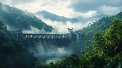 Fototapeta premium Misty Mountain Dam: A Serene and Powerful Structure