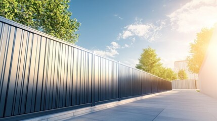 Fototapeta premium Modern metal fence along city walkway, trees and buildings in background. Use Architectural perspective