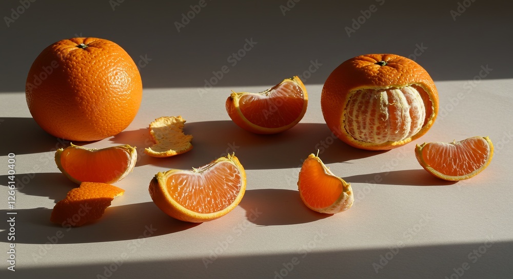Poster sunlit oranges and slices casting shadows on minimalist surface