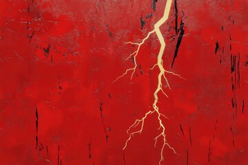 Golden lightning strikes a rough vibrant red background texture