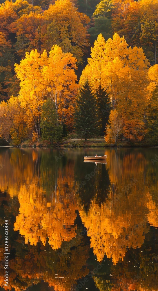 Poster serene lake with yellow autumn trees and reflections in tranquil setting
