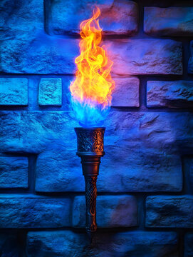 Mystical torch with magical blue and orange flames on stone brick wall background