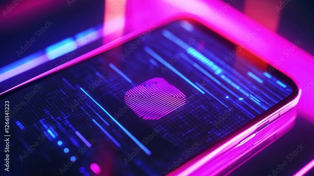 Poster a closeup of a smartphone screen showcasing a vibrant authentication interface featuring biometric o