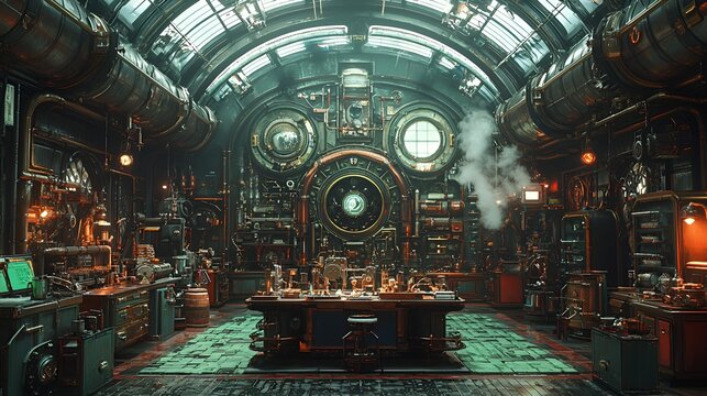 Steampunk lab interior, experiment, futuristic technology, machinery background, science fiction setting