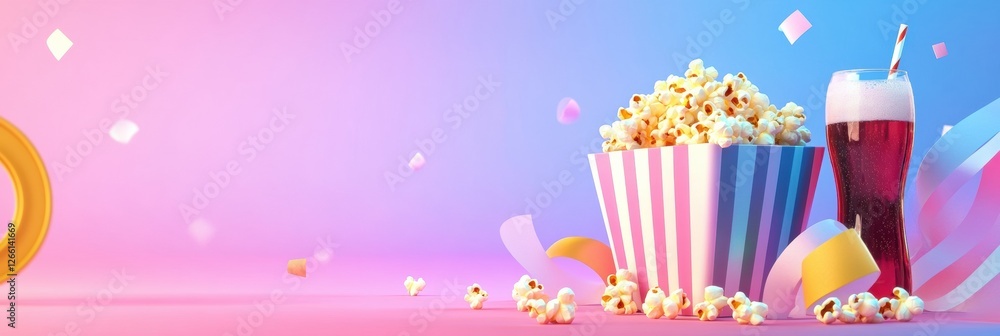 Poster Colorful snacks on display with striped popcorn box and refreshing drink in a vibrant setting. Generative AI