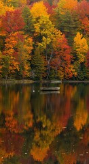 Fototapeta premium Tranquil autumn lake with vibrant foliage reflections and lonely boat