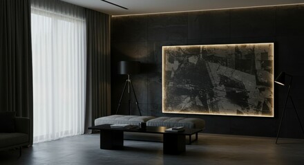 minimalist living room, dark brick wall, illuminated rectangular mirror, wooden floor, modern floor lamp, curtains, moody atmosphere, clean lines, contemporary design, dramatic lighting, sleek interio