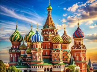 Fototapeta premium Vibrant Moscow St. Basil's Cathedral Onion Domes, Copy Space Left