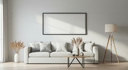 modern minimalist living room, white brick wall, gray sofa, wooden floor, tripod floor lamps, framed artwork, coffee table, potted plant, sunlight and shadows, neutral color palette, clean lines, Scan