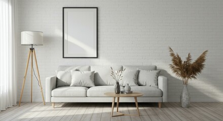 Minimalist living room, white brick wall, gray sofa, wooden coffee table, floor lamp, potted plant, framed mirror, natural light, neutral colors, contemporary design, cozy atmosphere, Scandinavian sty