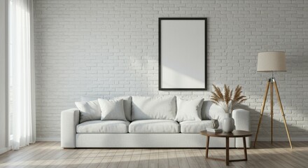 Minimalist living room, white brick wall, gray sofa, wooden coffee table, floor lamp, potted plant, framed mirror, natural light, neutral colors, contemporary design, cozy atmosphere, Scandinavian sty