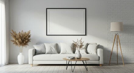 Minimalist living room, white brick wall, gray sofa, wooden coffee table, floor lamp, potted plant, framed mirror, natural light, neutral colors, contemporary design, cozy atmosphere, Scandinavian sty