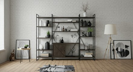 Interior design, minimalist loft space, industrial shelving unit, wooden floor, sloped ceiling, black and white artwork, floor lamp, neutral color palette, open shelving, decorative objects, monochrom