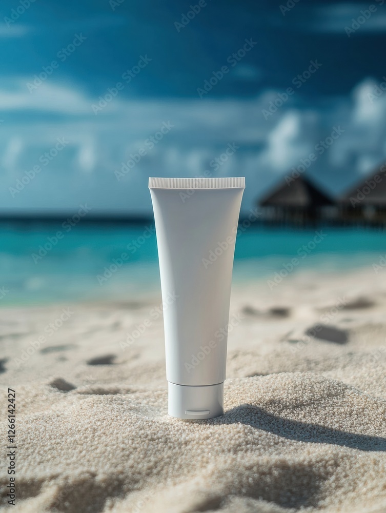 Poster cosmetic cream tube on sand with serene beach setting and clear sky in the background during sunny d