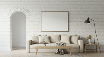 Scandinavian living room, minimalist interior design, beige sofa, white brick wall, empty picture frame, arched floor lamp, wooden coffee table, potted plant, neutral color palette, natural light, coz