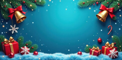 Blue background vector illustration of Christmas-themed elements like snowflakes, bells, and presents, blue, festive, presents