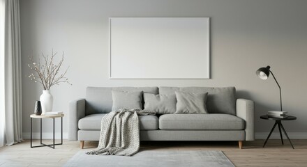 Minimalist living room, grey couch, throw blanket, cushions, white walls, floor lamp, side table, potted plant, large empty canvas, natural light, muted tones, contemporary design, cozy atmosphere, ha