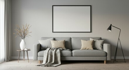 Minimalist living room, grey couch, throw blanket, cushions, white walls, floor lamp, side table, potted plant, large empty canvas, natural light, muted tones, contemporary design, cozy atmosphere, ha