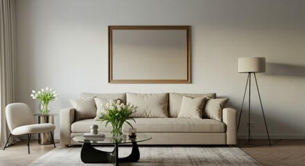modern living room, minimalist decor, beige sofa, rectangular mirror, textured white wall, potted plants, floor lamp, coffee table, neutral color palette, natural light, cozy interior, contemporary st