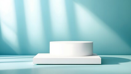 Abstract empty white podium with geometric shadows on blue background. Mock up stand for product presentation. 
