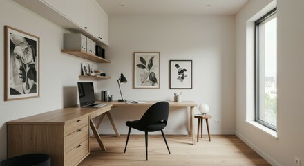 Fototapeta premium Modern minimalist home office, built-in wooden desk and cabinets, ergonomic black office chair, white walls, large window, natural light, framed artwork, floating shelves, wooden floor, sleek design, 